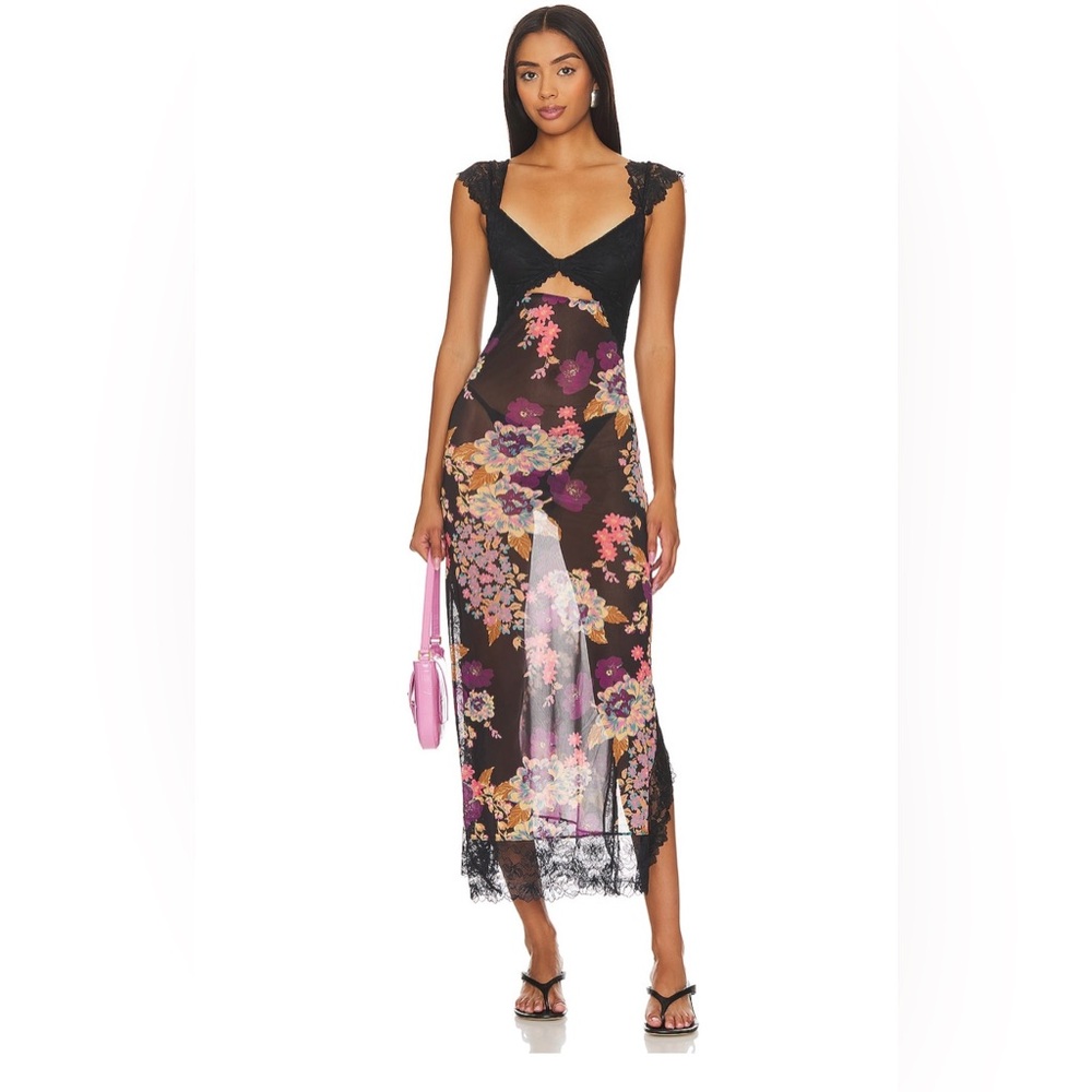 Free People Suddenly Fine Black and Pink Floral Maxi Dress